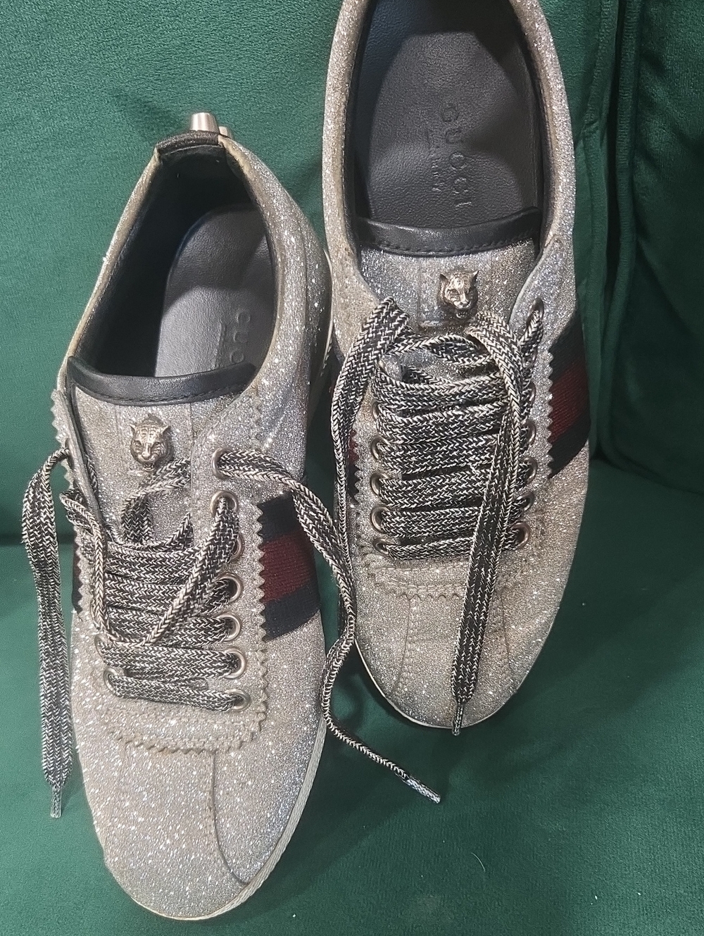 Gucci Silver Glitter Sneakers with Red and Black Web Stripe